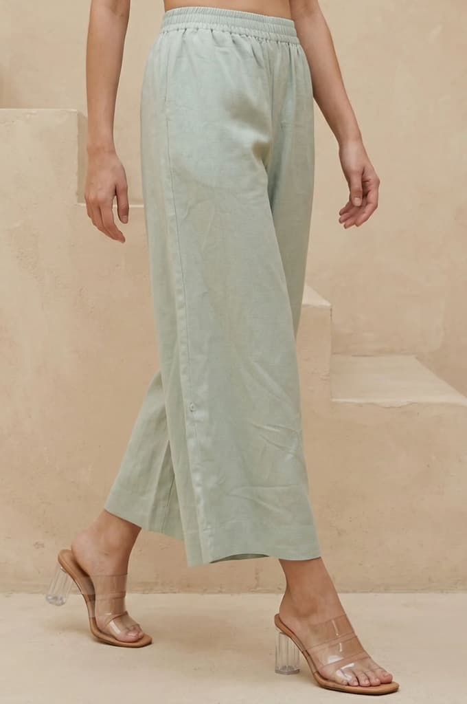 Green Solid Rayon Wide Leg Flared Pants — photo 6