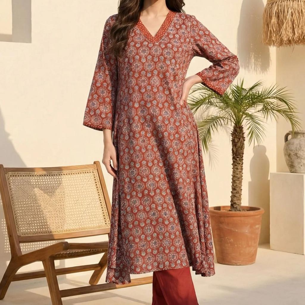 Rust Ethnic Motifs Rayon A-line Kurta