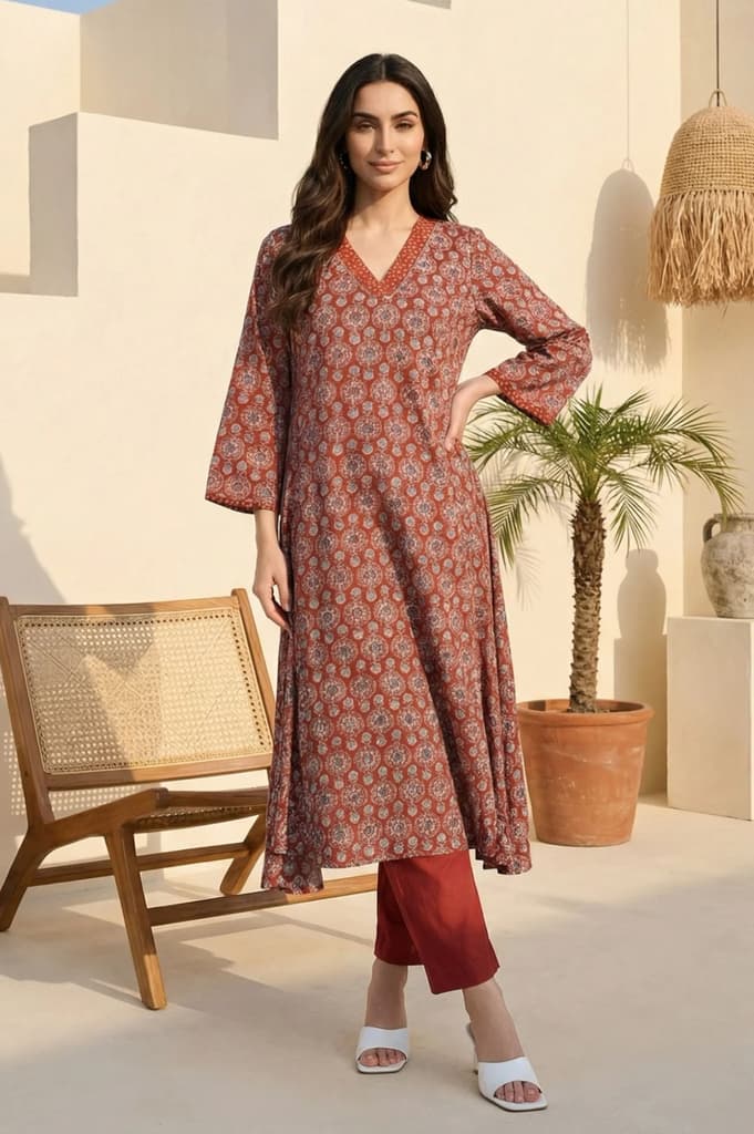 Rust Ethnic Motifs Rayon A-line Kurta — XS