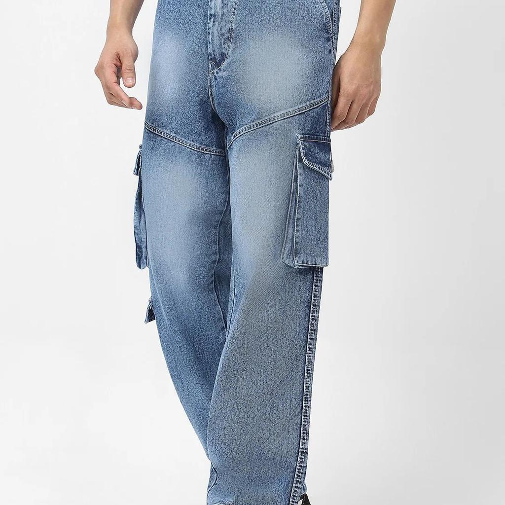 Men's Light Blue Loose Fit Cargo Jeans With 7 Pockets Non Stretchable