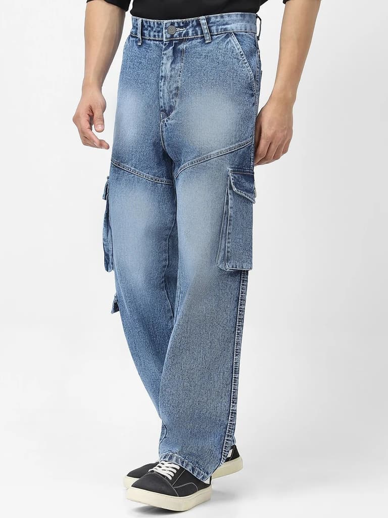 Men's Light Blue Loose Fit Cargo Jeans With 7 Pockets Non Stretchable — 28 / Light Blue
