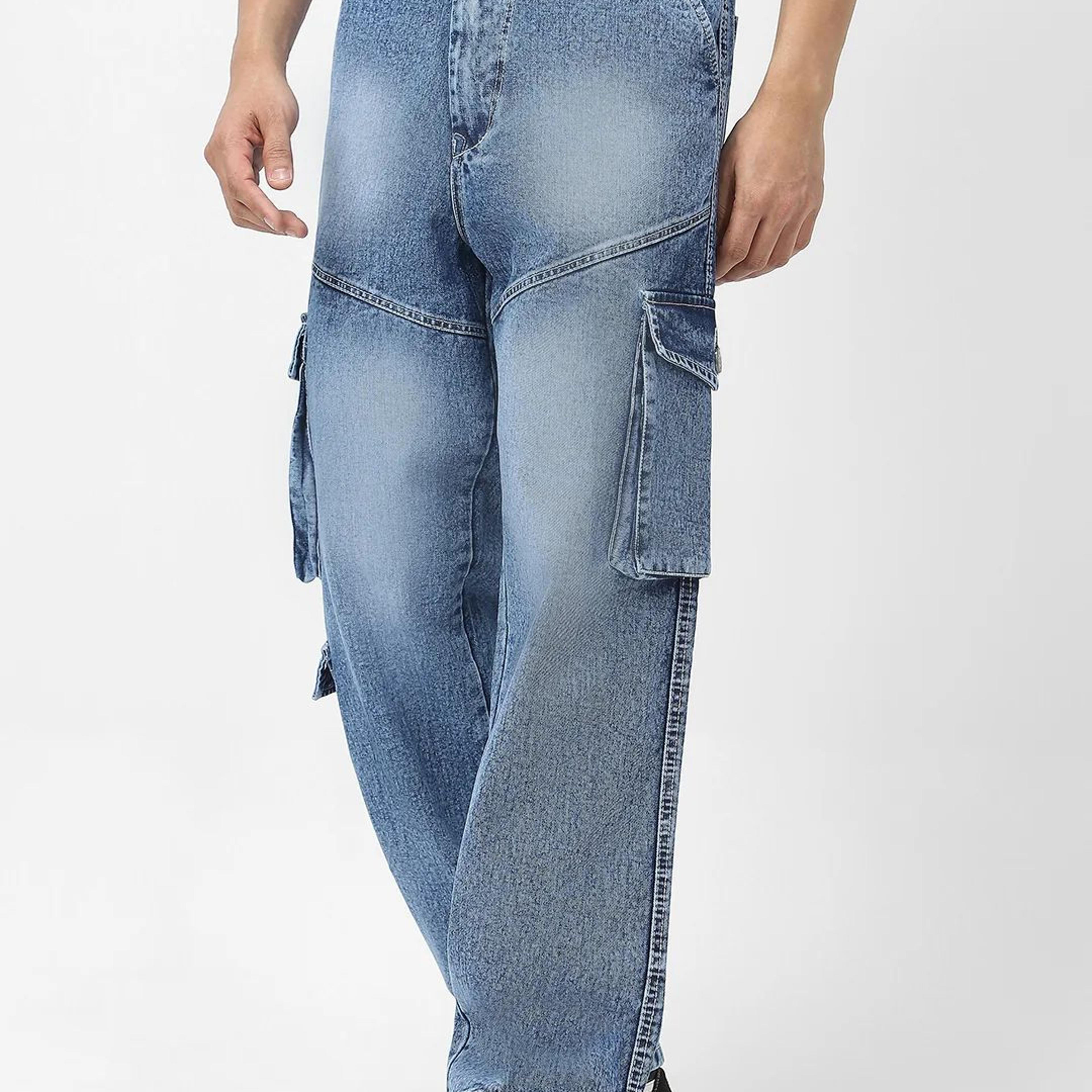 Men's Light Blue Loose Fit Cargo Jeans With 7 Pockets Non Stretchable