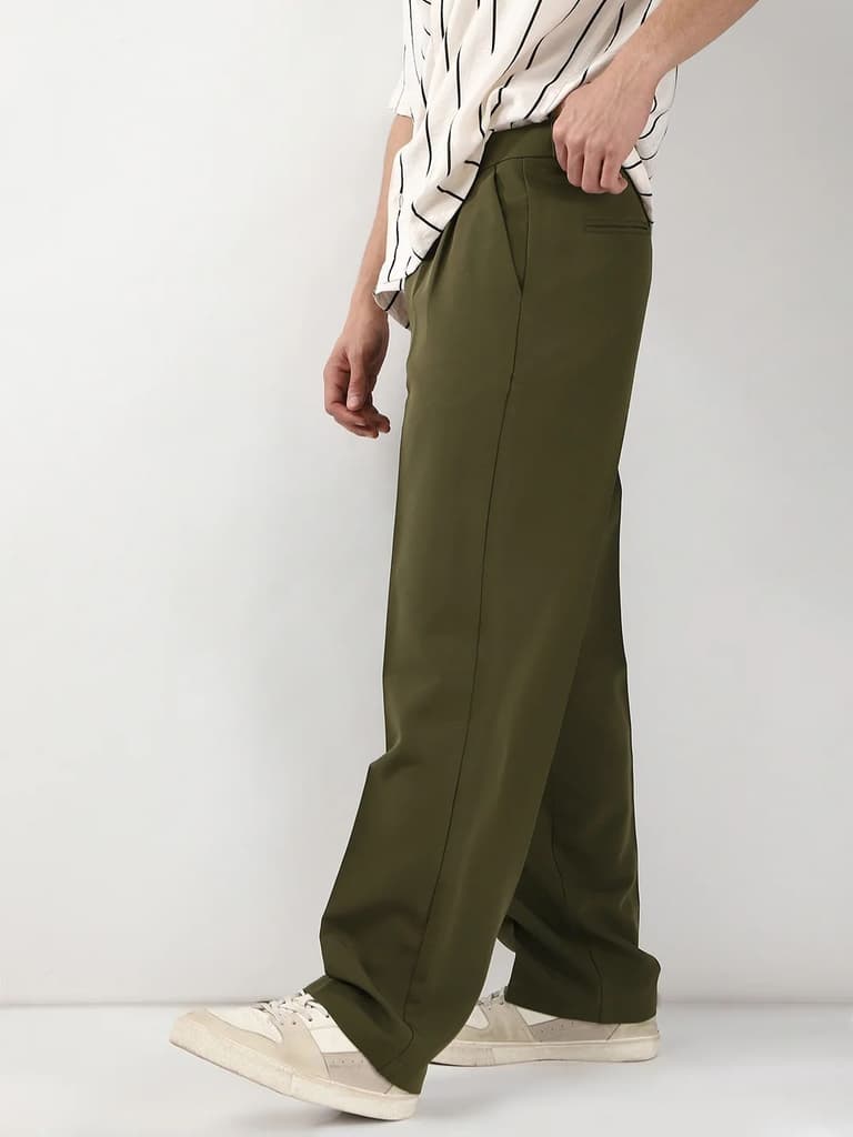Men's Dark Olive Loose Baggy Fit Solid Korean Trousers Stretchable — photo 3