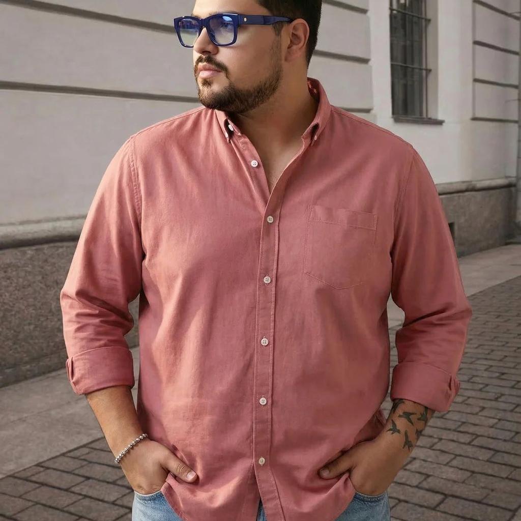 Plus Men's Peach Cotton Full Sleeve Regular Fit Solid Oxford Shirt With Button-Down Collar