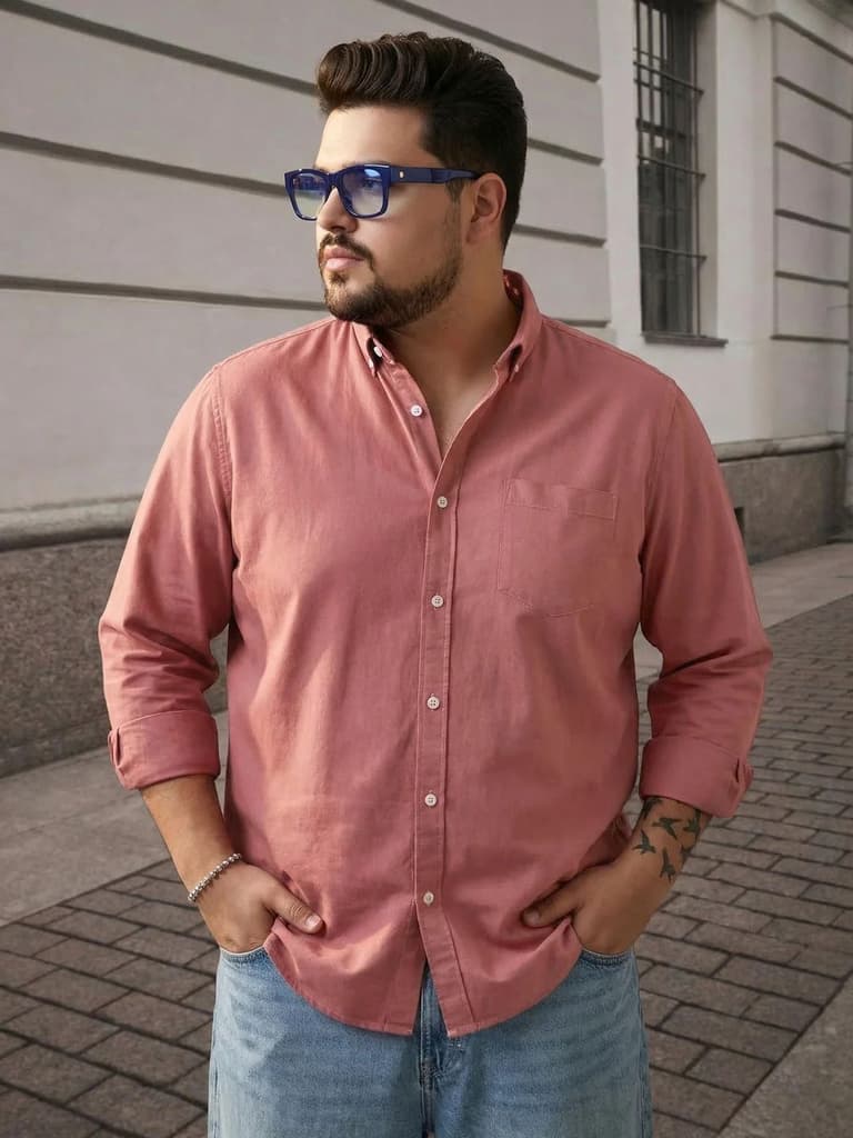 Plus Men's Peach Cotton Full Sleeve Regular Fit Solid Oxford Shirt With Button-Down Collar — 2XL / Peach