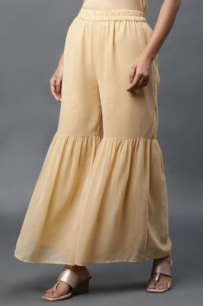 Gold Polka Dots Printed Flared Woven Palazzo With Elasticated Waist — photo 2