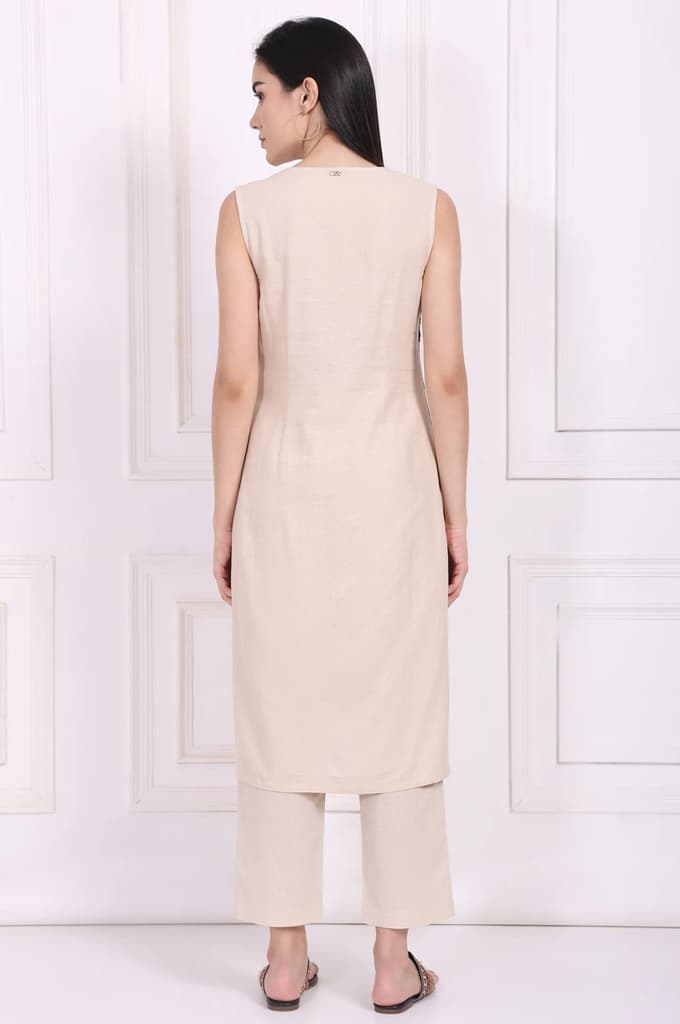 Beige Embroidered A-Line Rayon Kurta with Straight Pant — photo 5