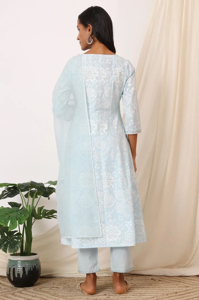 Sky Blue Printed Pure Cotton Anarkali Kurta, Pants and Dupatta Set — photo 6