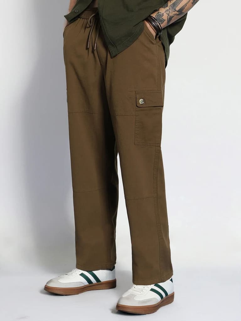 Men's Brown Loose Baggy Fit Cargo Jogger Chino Pant with 6 Pockets Stretchable — photo 2