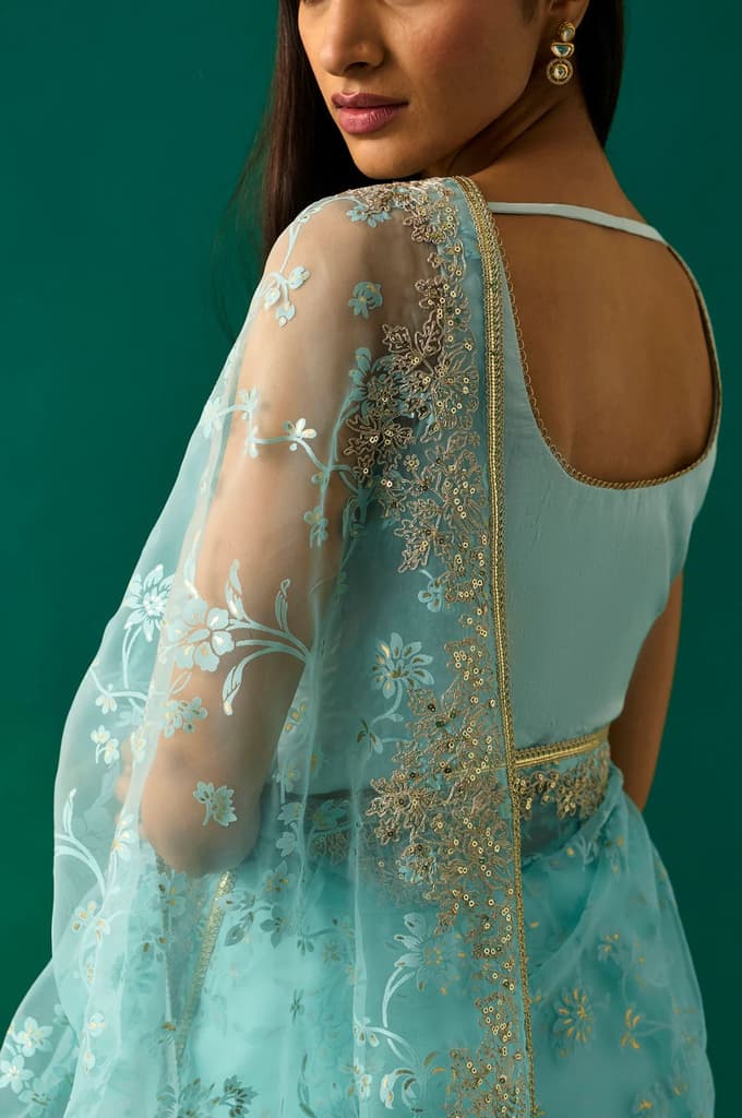 Light Blue Floral Printed Embroidered Zari Work Net Saree with Unstitched Blouse — photo 5