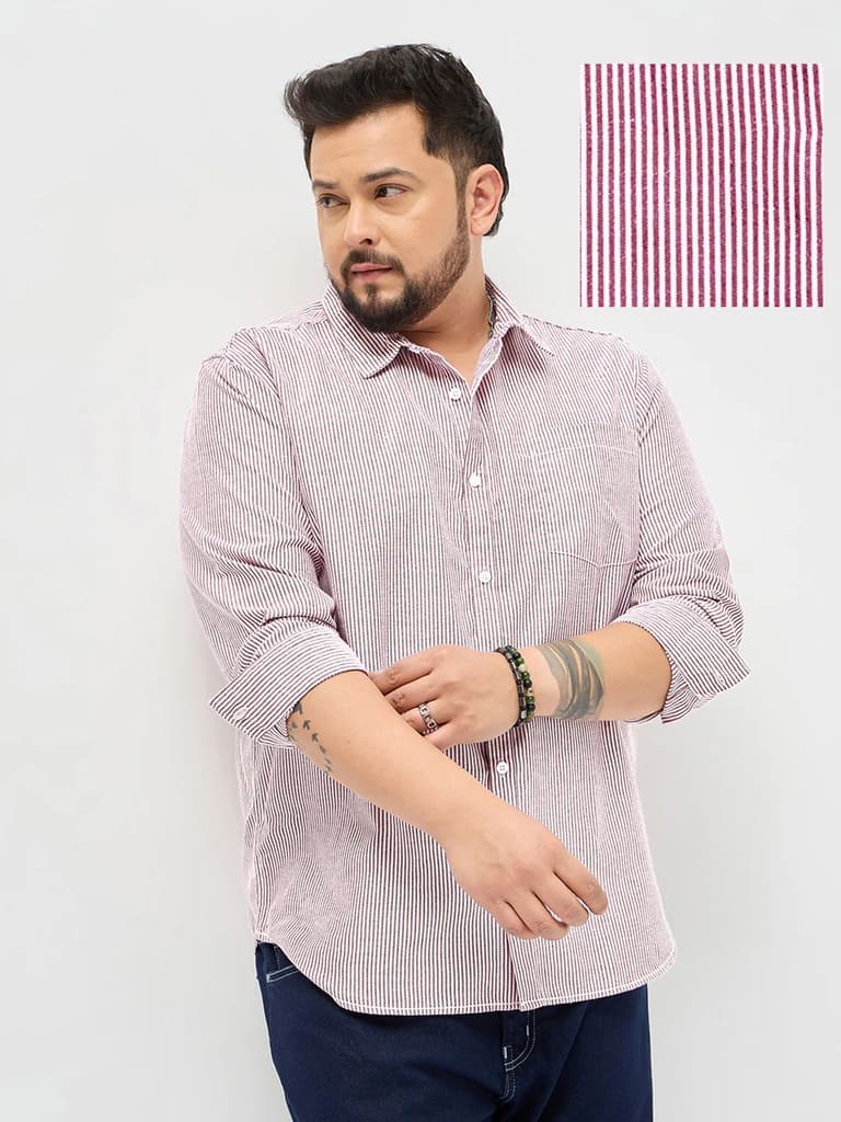 Plus Men's Maroon Cotton Full Sleeve Regular Fit Casual Striped Shirt — 2XL / Maroon