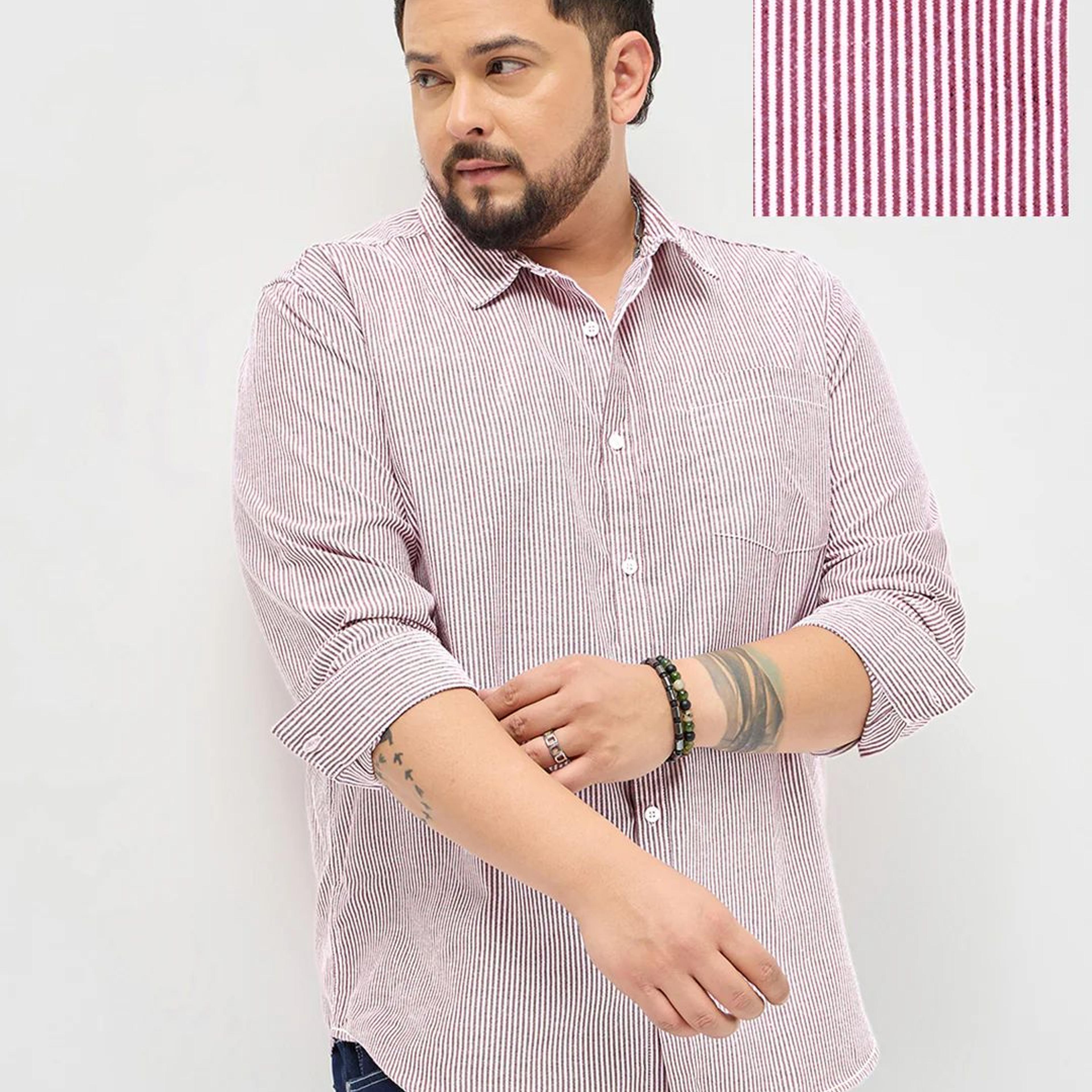 Plus Men's Maroon Cotton Full Sleeve Regular Fit Casual Striped Shirt