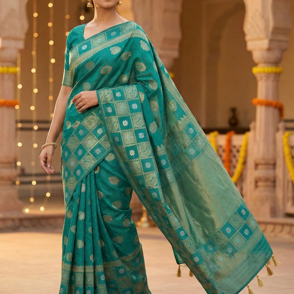 MIMOSA Women's Woven Design Banarasi Style Chiffon Saree with Blouse Piece - Rama ( SA00003124RMFREE )