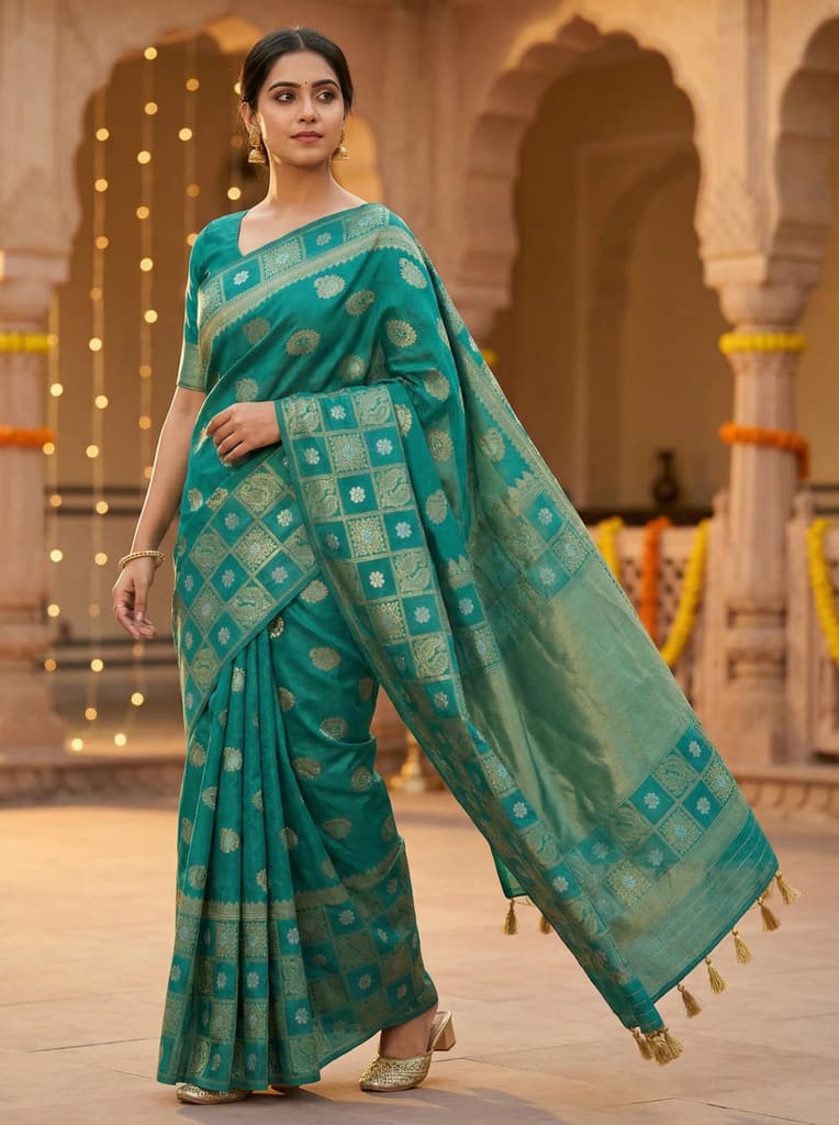 MIMOSA Women's Woven Design Banarasi Style Chiffon Saree with Blouse Piece - Rama ( SA00003124RMFREE ) — Default Title