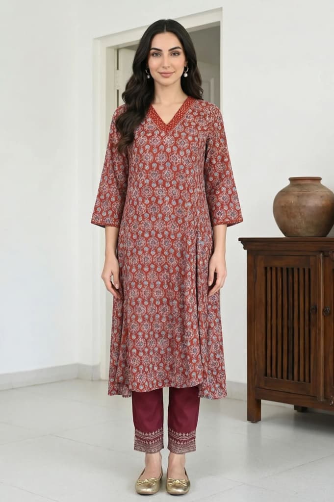 Burgundy Ethnic Motifs Foil Printed Ankle Length Tapered Trousers — photo 4