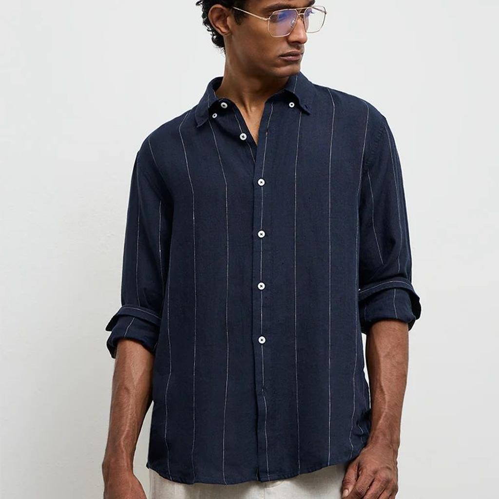 Ascot Navy Striped Relaxed-Fit Linen Shirt