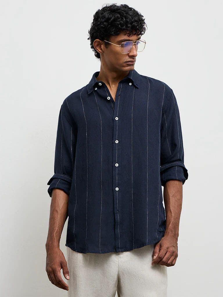 Ascot Navy Striped Relaxed-Fit Linen Shirt