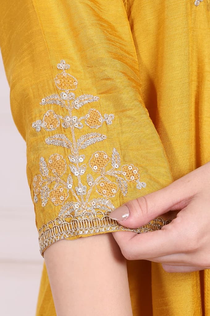 Yellow Embroidered Silk Flared Kurta, Straight Pants and Dupatta Set — photo 7