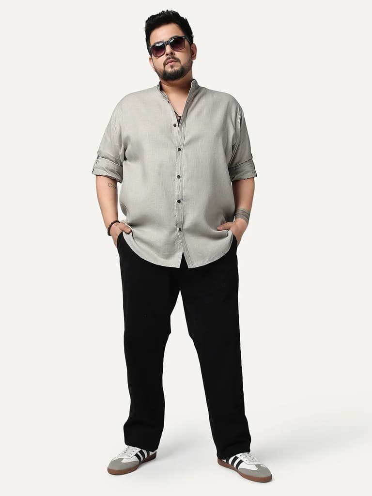 Plus Men's Grey Linen Blend Full Sleeve Relaxed Fit Mandarin Collar Casual Solid Shirt — photo 4