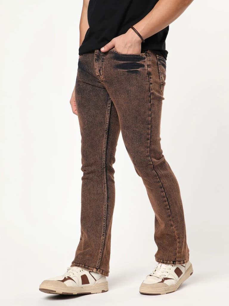 Men's Light Brown Bootcut Fit Mid Rise Acid Wash Jeans Stretchable — photo 2