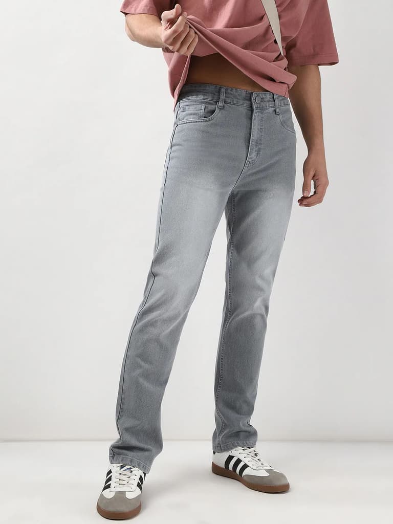 Men's Light Grey Straight Fit Washed Jeans Stretchable — photo 2