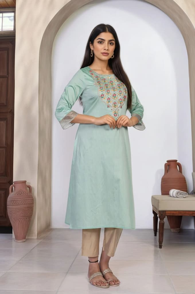 Green Embroidered Straight Kurta — photo 4