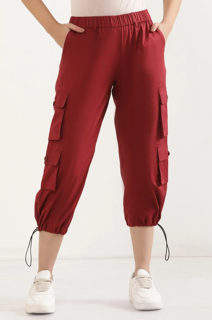 Red Solid Straight Fit Cotton Pants With Drawstring — photo 2