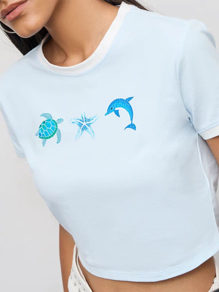 Nuon Light Blue Printed Cotton T-Shirt — photo 3