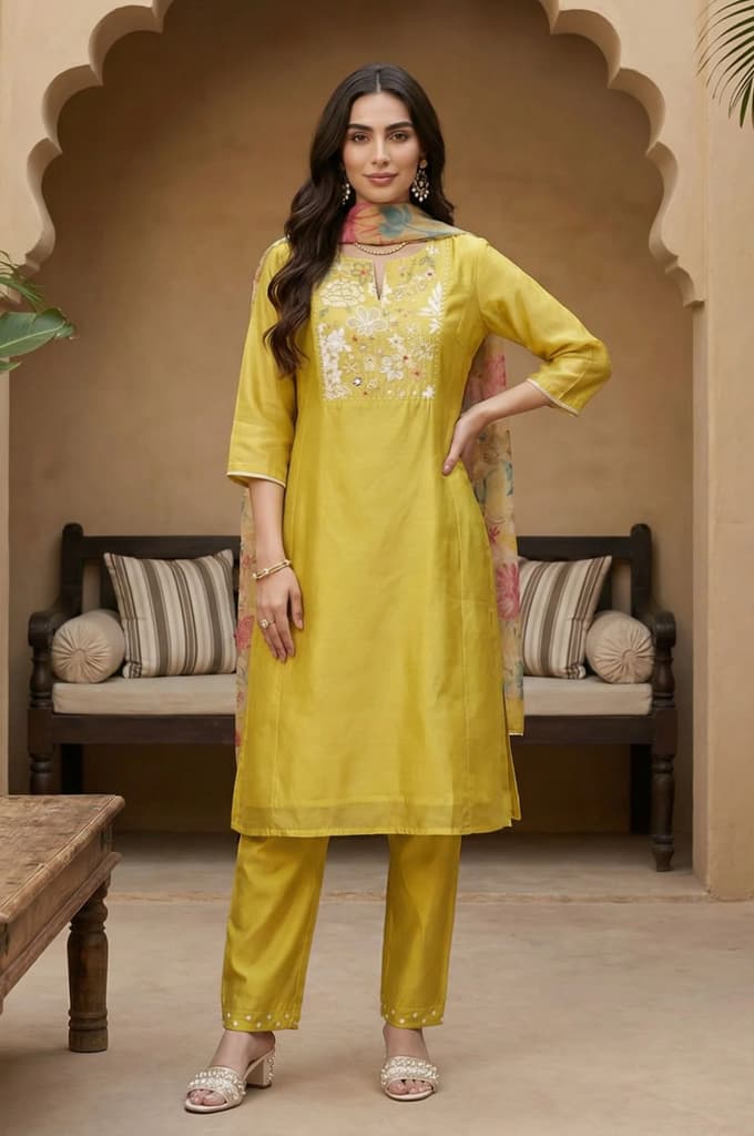 Yellow Thread Embroidery Chanderi Straight Kurta with Pants and Dupatta Set — photo 2