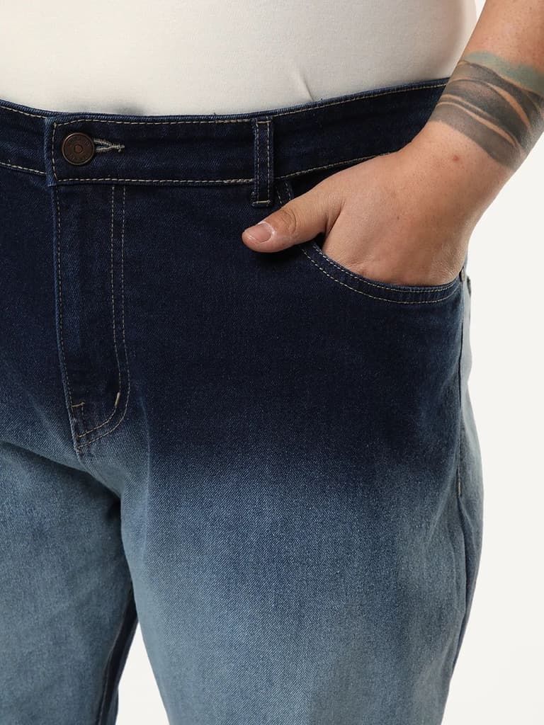 Plus Men's Dark Blue Straight Fit Heavy Washed Faded Denim Jeans Stretchable — photo 5