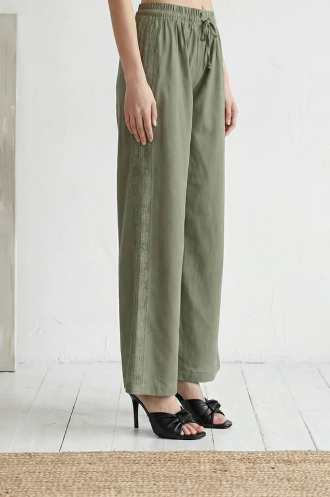 Olive Thread Embroidered Cotton Flax Ankle Length Relaxed Pants — photo 6