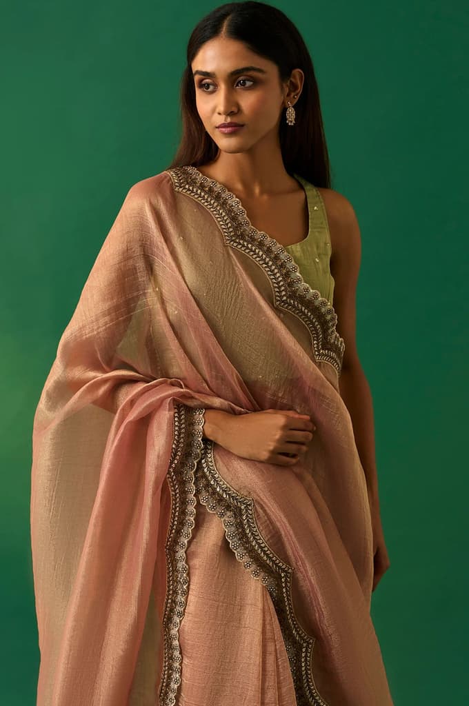 Pink Solid Zari Work Tissue Saree with Unstitched Blouse — photo 2