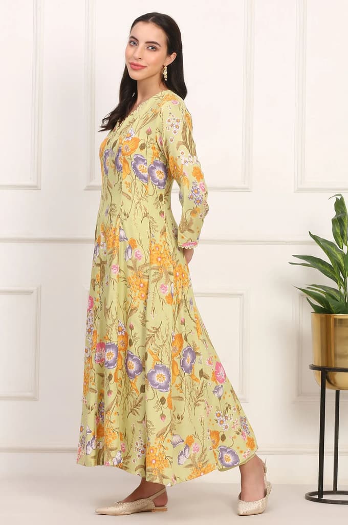 Light Green Floral Printed Rayon Anarkali Kurta, Pant and Dupatta Set — photo 5