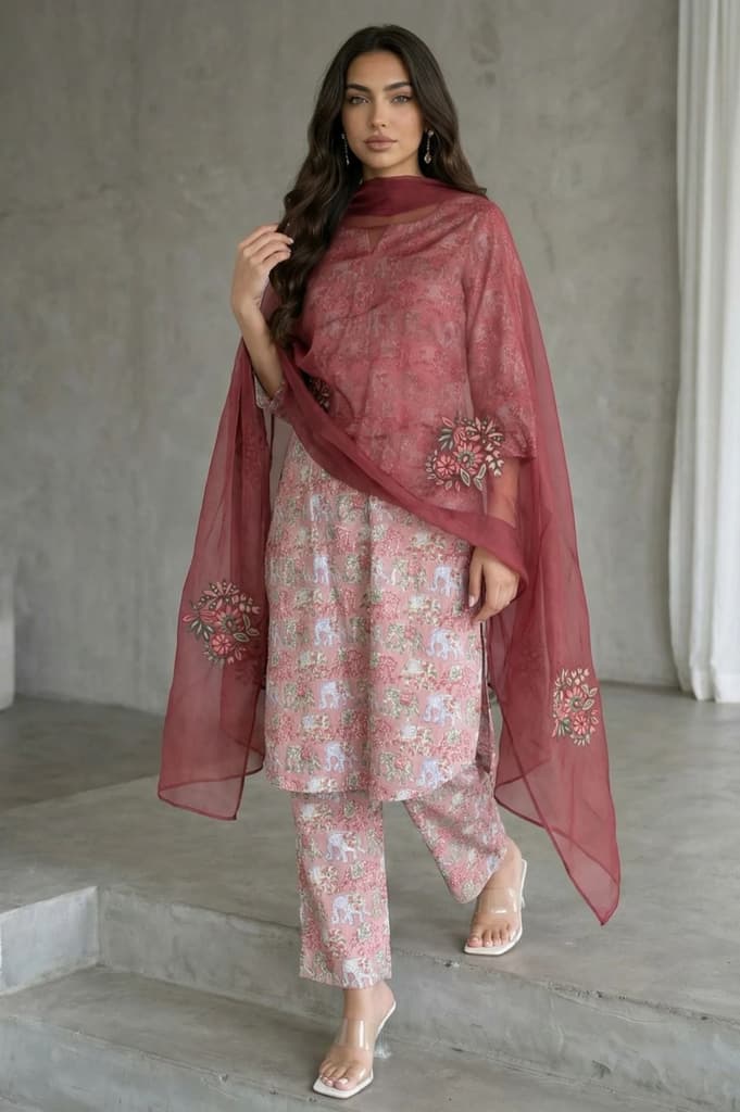 Maroon Floral Embroidered Organza Dupatta — FS