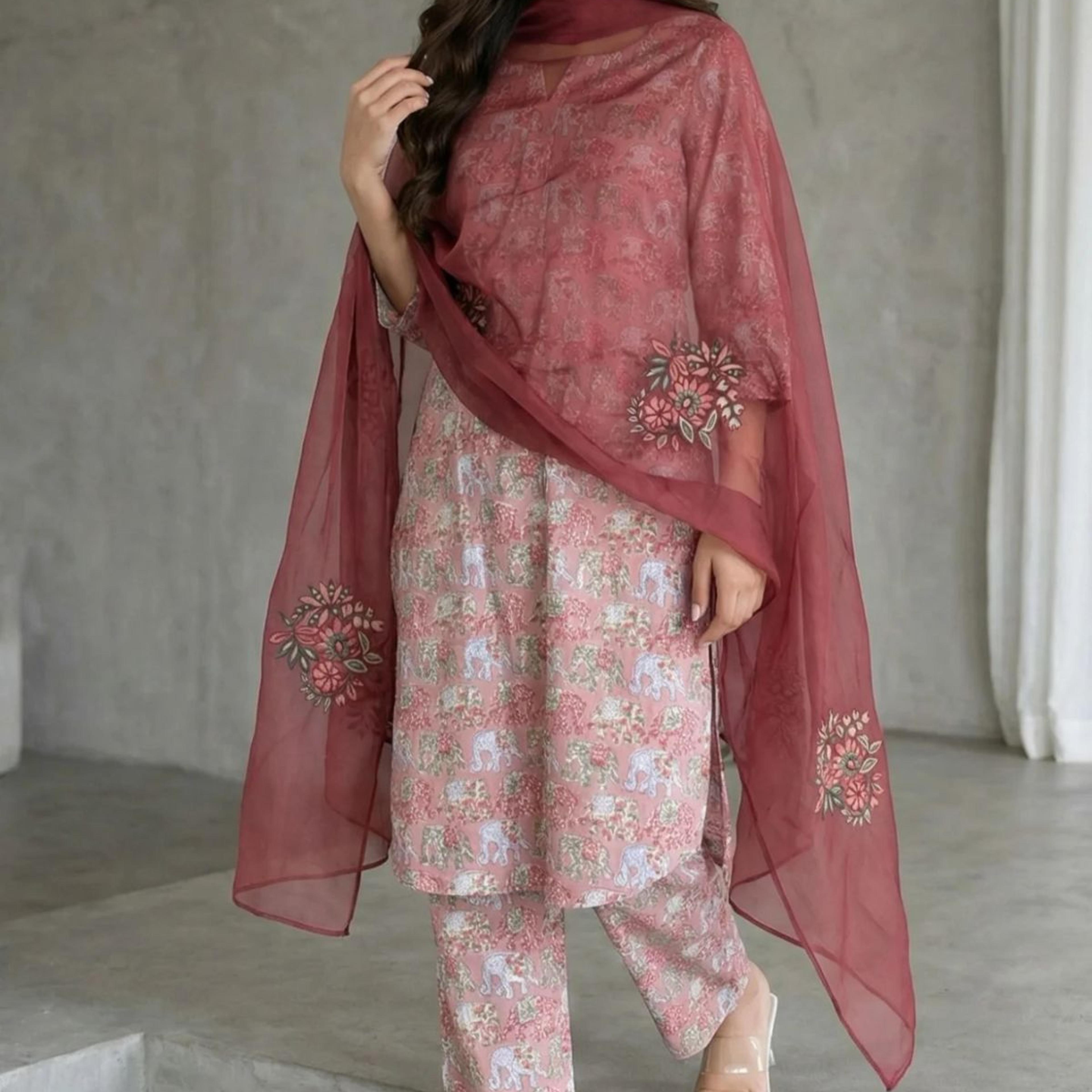 Maroon Floral Embroidered Organza Dupatta