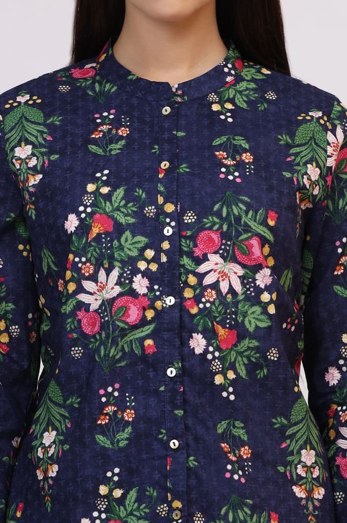 Navy Blue Floral Printed Pure Cotton Ethnic Shirt — photo 4