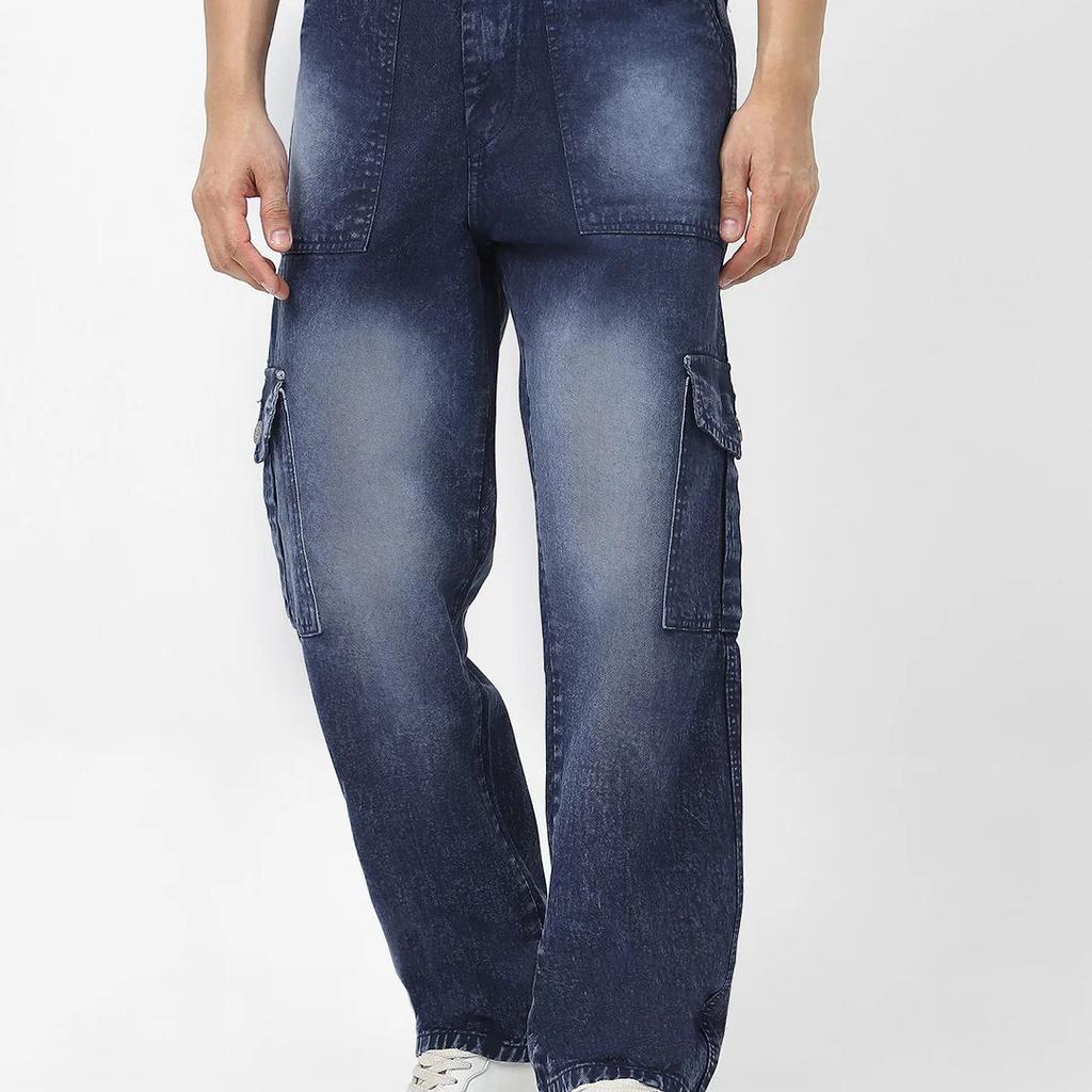 Men's Navy Loose Fit Cargo Jeans With 6 Pockets Non Stretchable