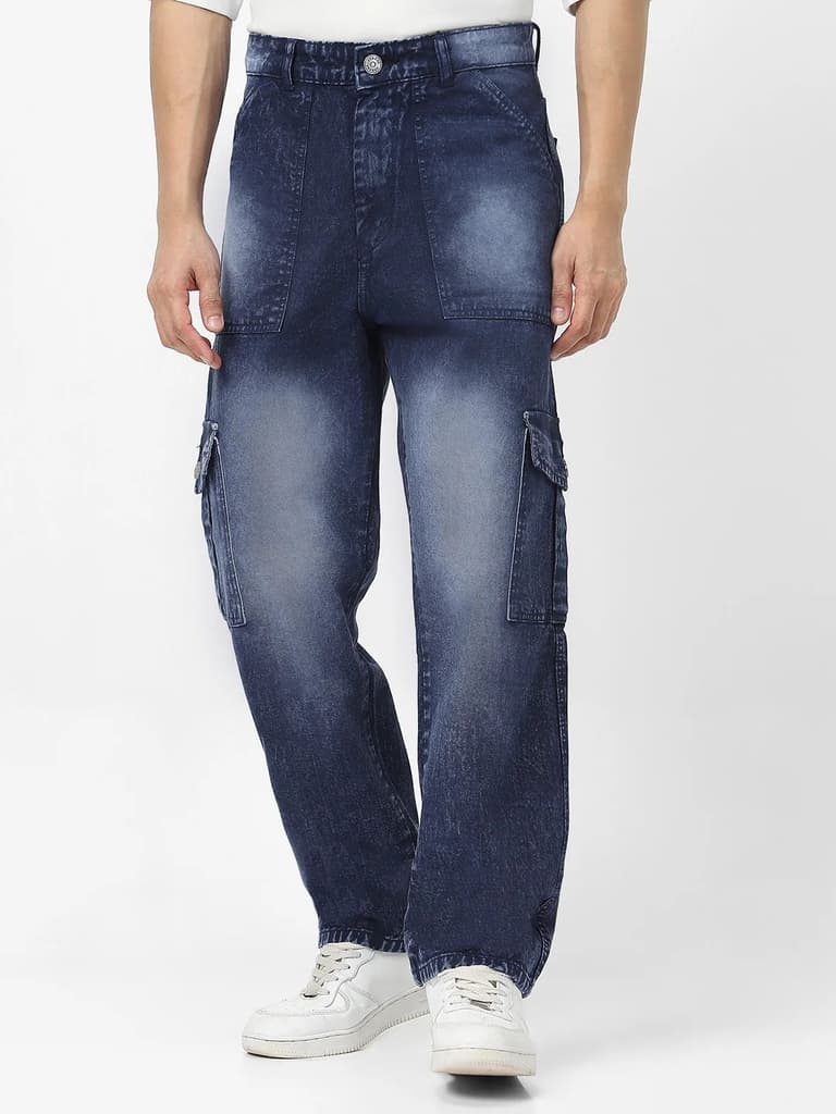 Men's Navy Loose Fit Cargo Jeans With 6 Pockets Non Stretchable — 28 / Navy