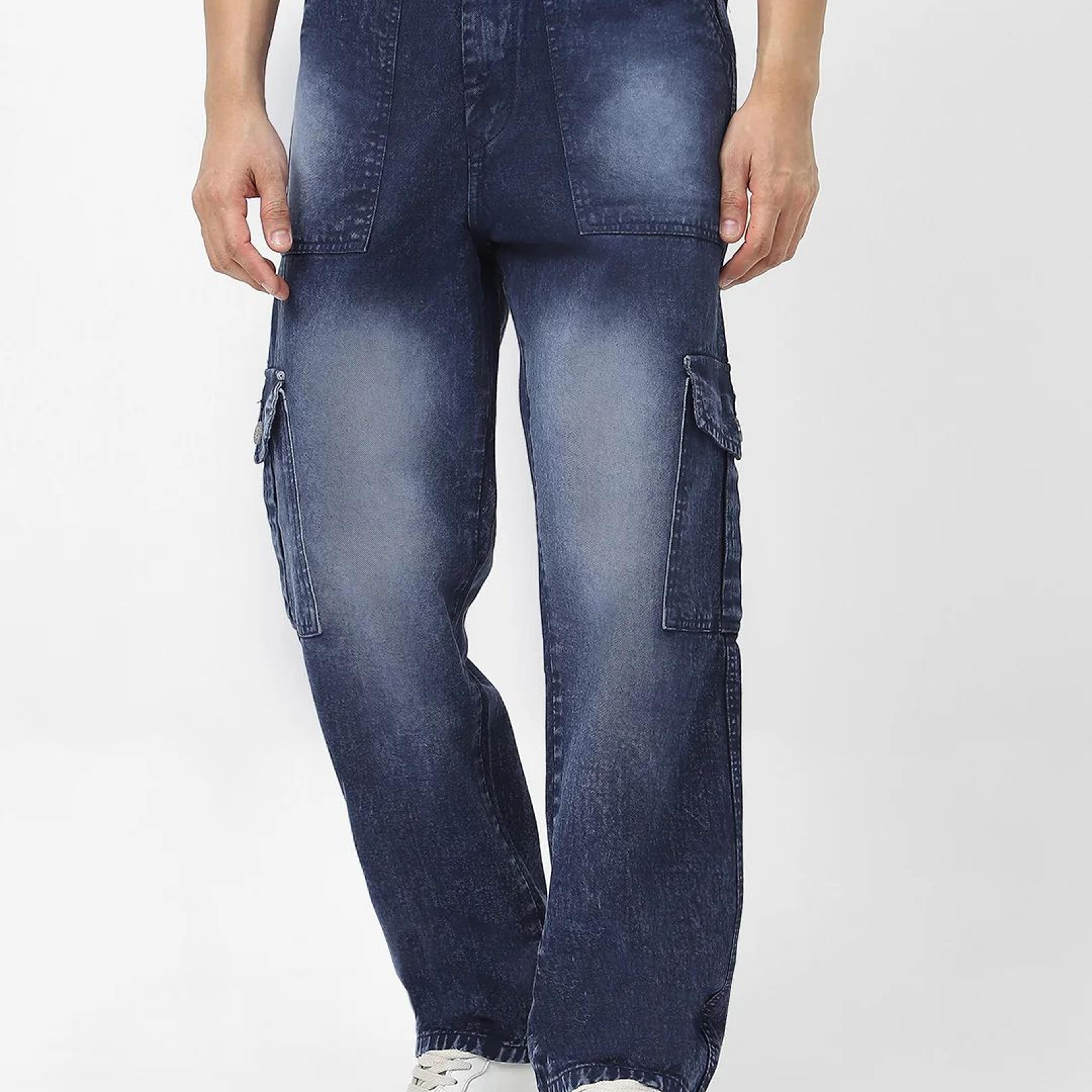 Men's Navy Loose Fit Cargo Jeans With 6 Pockets Non Stretchable