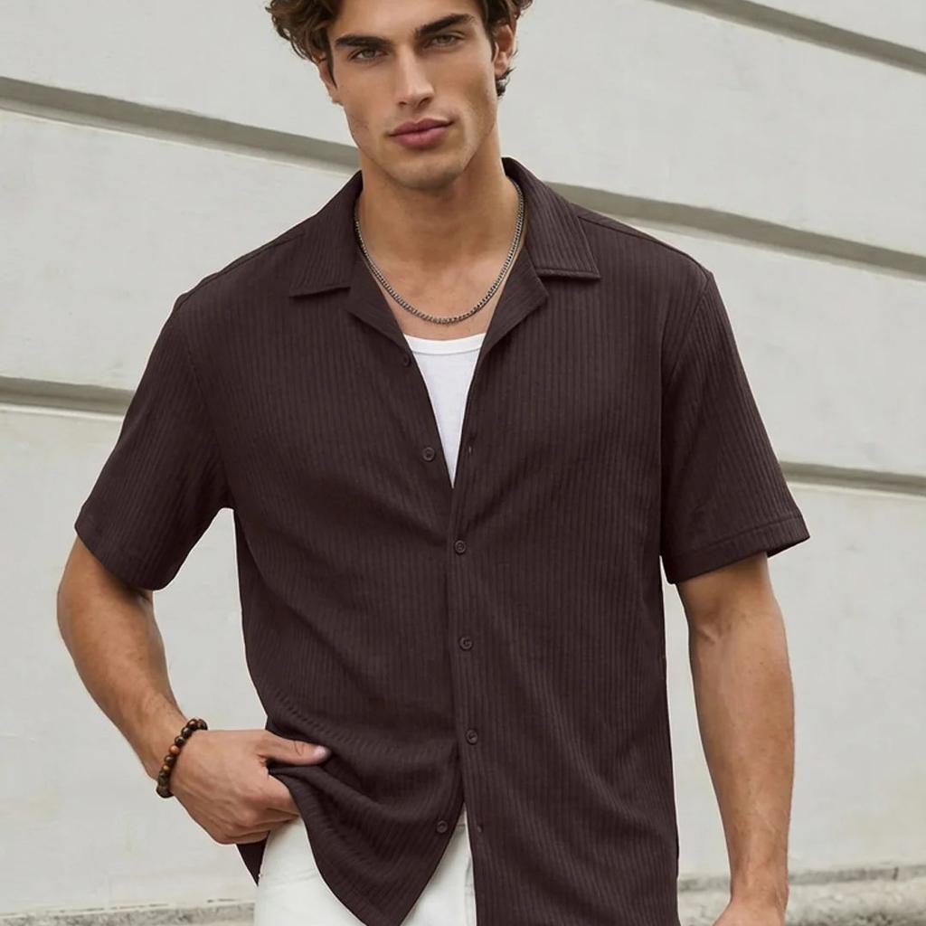 Men's Brown Cotton Half Sleeve Oversized Fit Textured Shirt with Cuban Collar