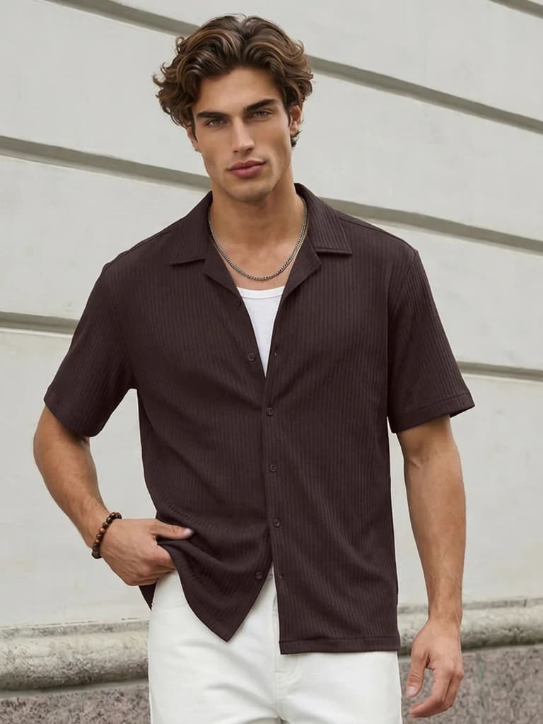 Men's Brown Cotton Half Sleeve Oversized Fit Textured Shirt with Cuban Collar — S / Brown