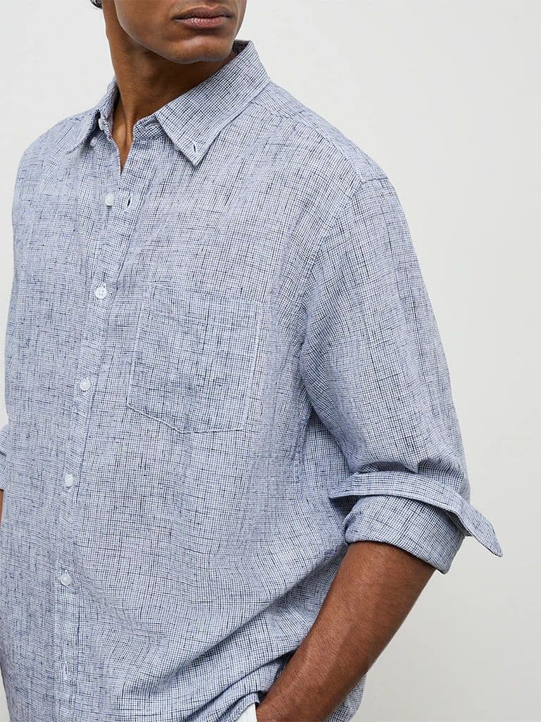 WES Casuals Navy Checks-Textured Relaxed-Fit Cotton-Blend Shirt — photo 3