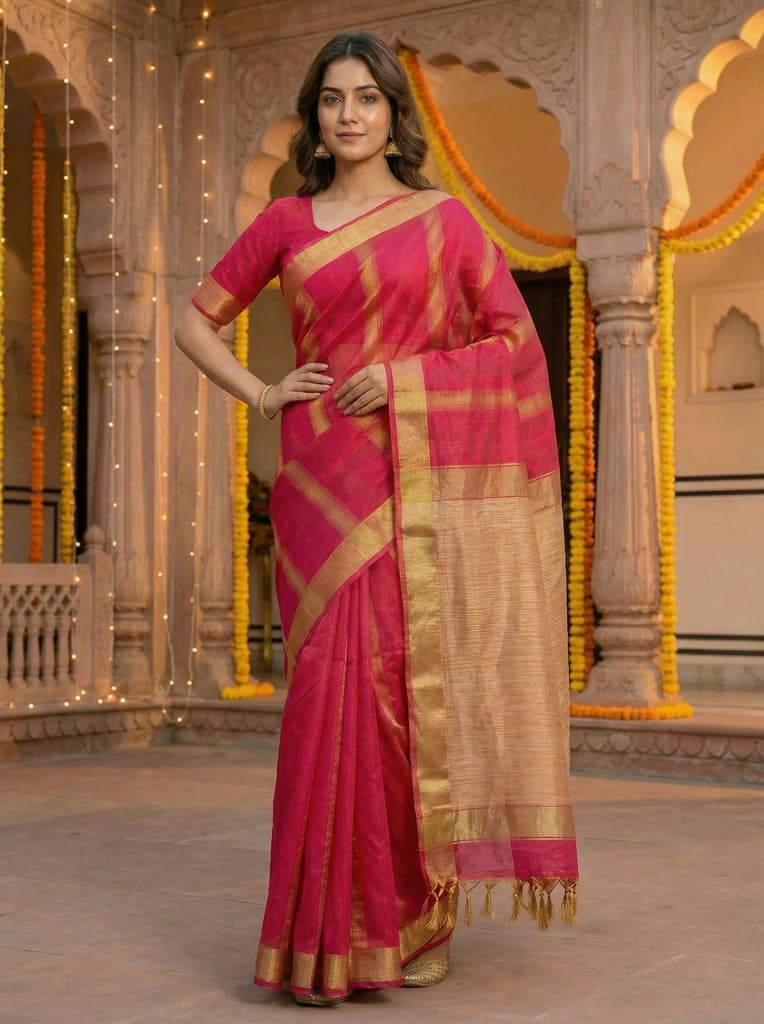 MIMOSA Women's Woven Design Banarasi Style Linen Saree with Blouse Piece - Rani ( SA00003153RNFREE ) — photo 2