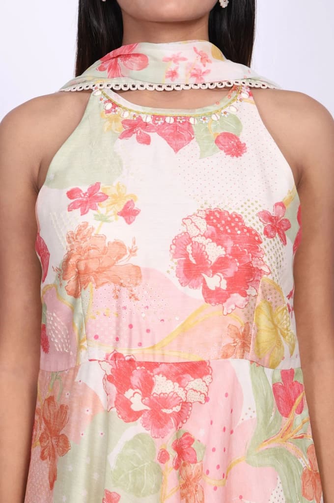 Pink Floral Printed Flared Dress with Dupatta Set — photo 2