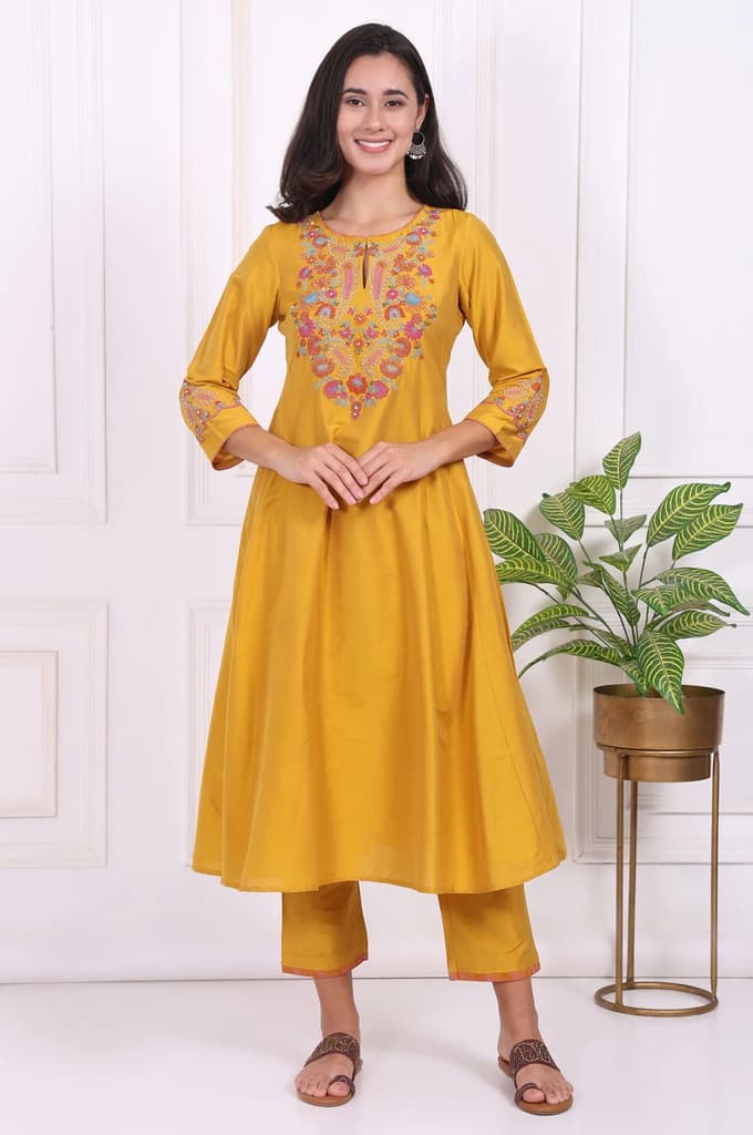 Yellow Embroidered Flared Kurta — XS
