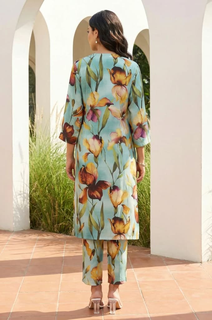 Turquoise Blue Floral Printed Straight Kurta with Pants Co-ord Set — photo 5