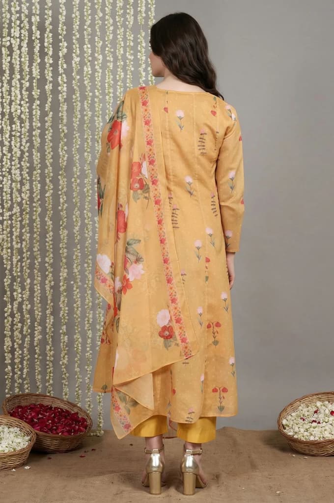 Yellow Floral Printed Anarkali Kurta with Straight Pant and Dupatta Set — photo 4