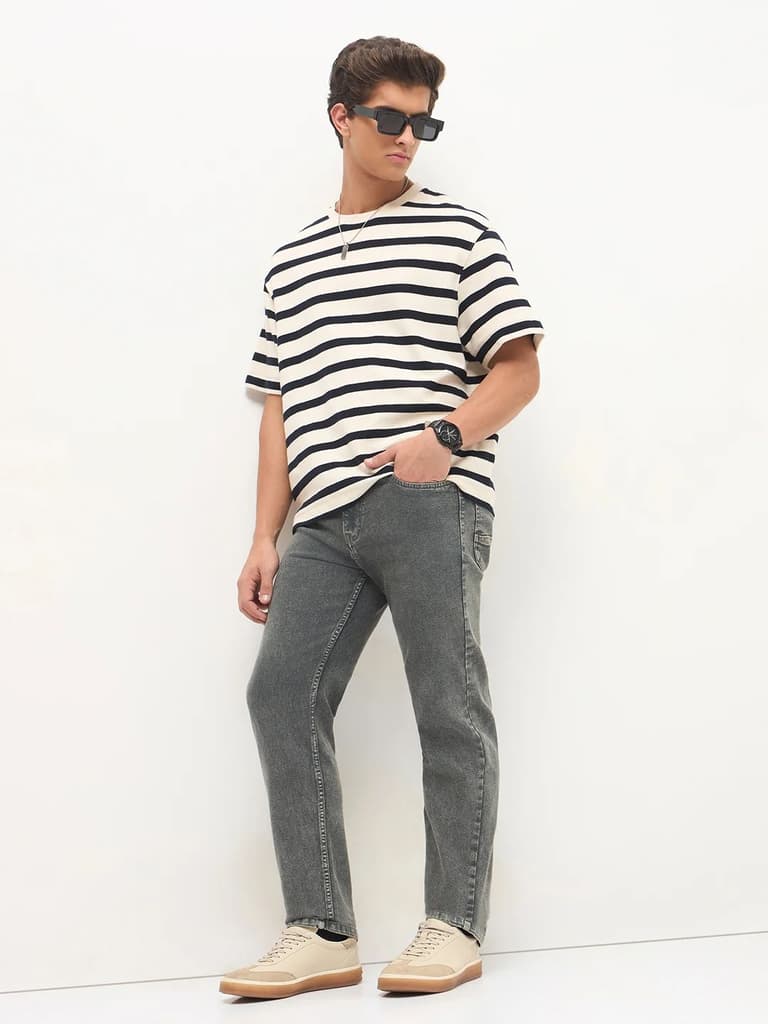 Men's Grey Regular Fit Towel Washed Yellow Tint Denim Jeans Stretchable — photo 6