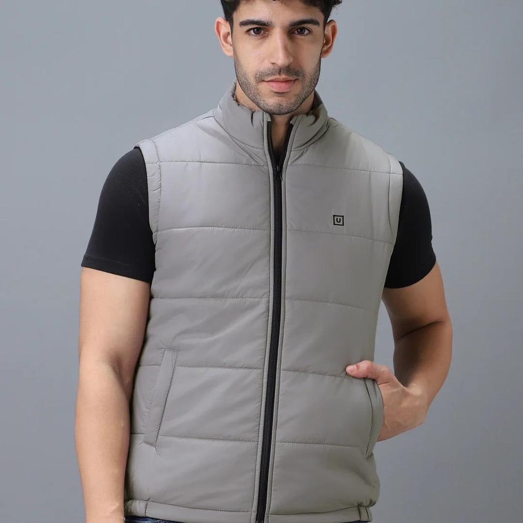 Men's Light Grey Sleeveless Zippered Puffer Jacket