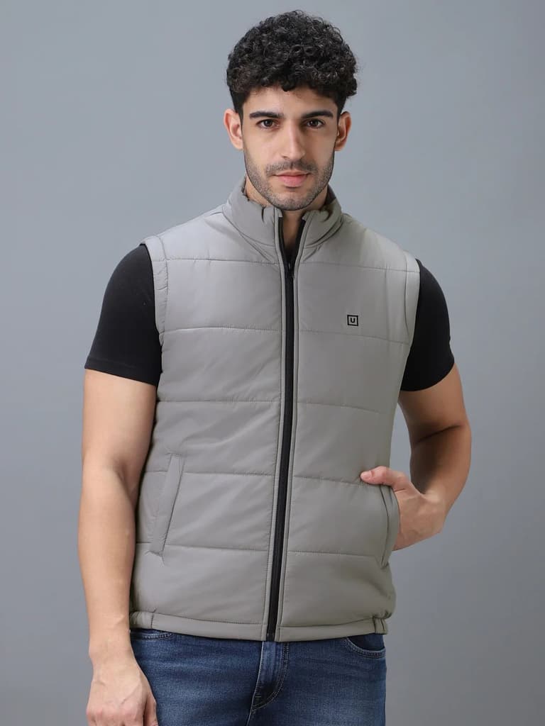 Men's Light Grey Sleeveless Zippered Puffer Jacket — S / Light Grey